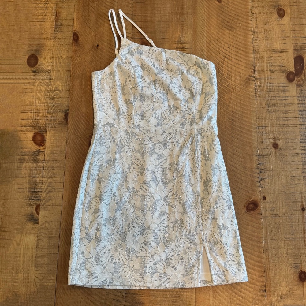 Lulus White Lace Mini Dress M One Shoulder Spaghetti Strap Floral Lined